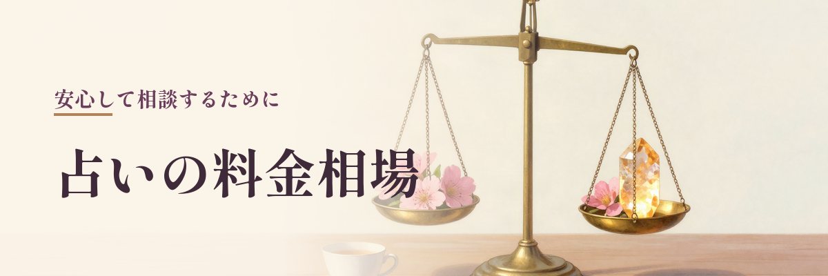川西の占いの料金相場（はかりに水晶と花をのせたイラスト）